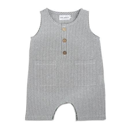 Babe Basics - Grey & White Striped Sleeveless Crop Linen Baby Romper: 12-18m