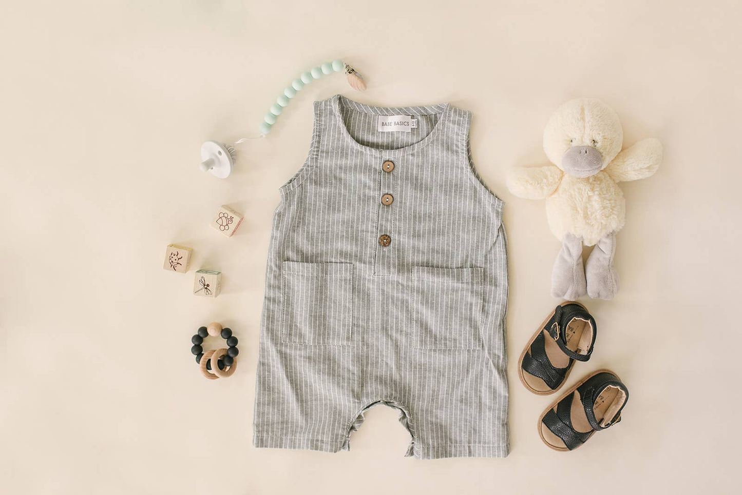 Babe Basics - Grey & White Striped Sleeveless Crop Linen Baby Romper: 12-18m