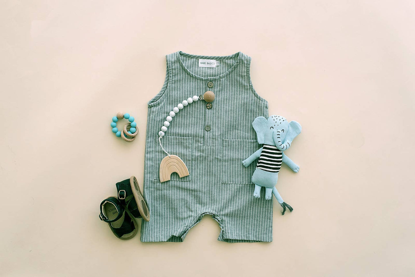 Babe Basics - Grey & White Striped Sleeveless Crop Linen Baby Romper: 12-18m